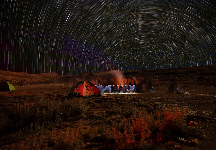 Star trails over one summer camp