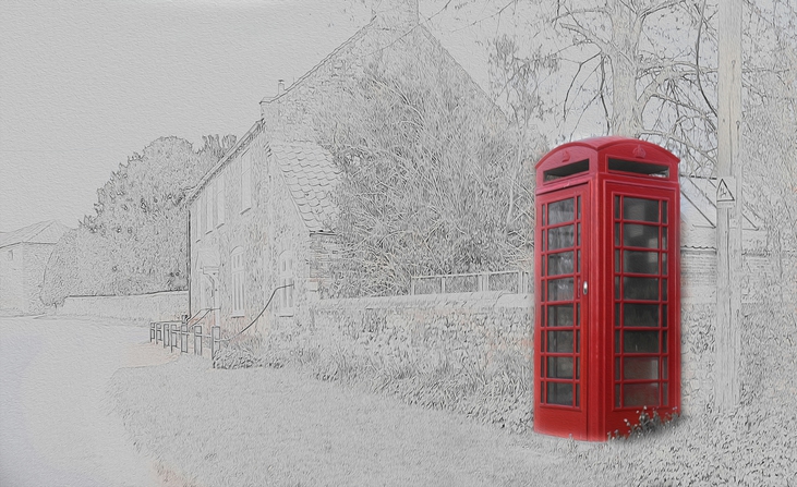 Telephone Box Real in A sketched Village