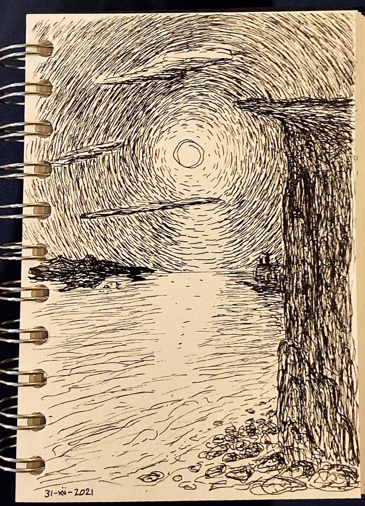 Ink on paper: moonlit seascape.