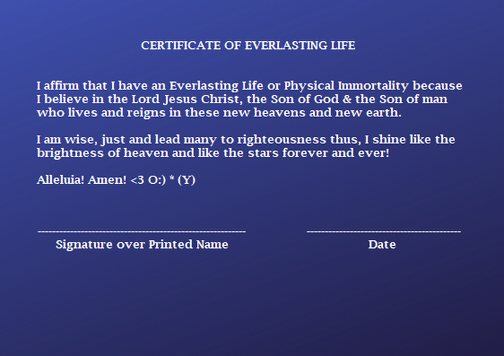 Certificate of Everlasting Life