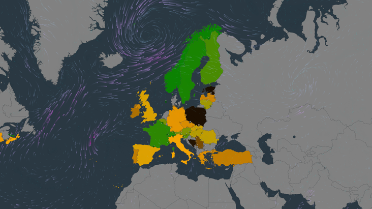 Live map over CO2 emissions from electricity in Europe and the US<br/>